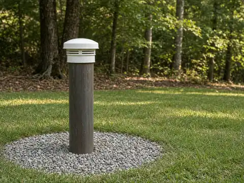 Steel well casing with a vented sanitary cap in a green yard