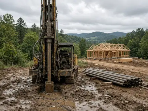 Drilling rig at a homesite with a new house frame behind it